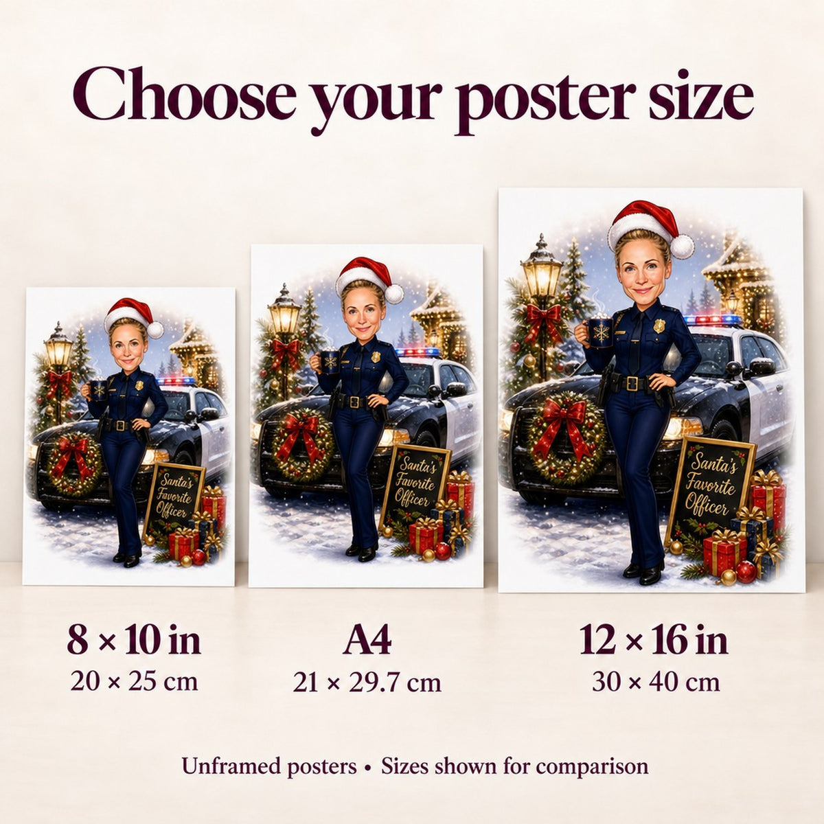 Poster size comparison of 8x10, A4, and 12x16 police Christmas caricature.