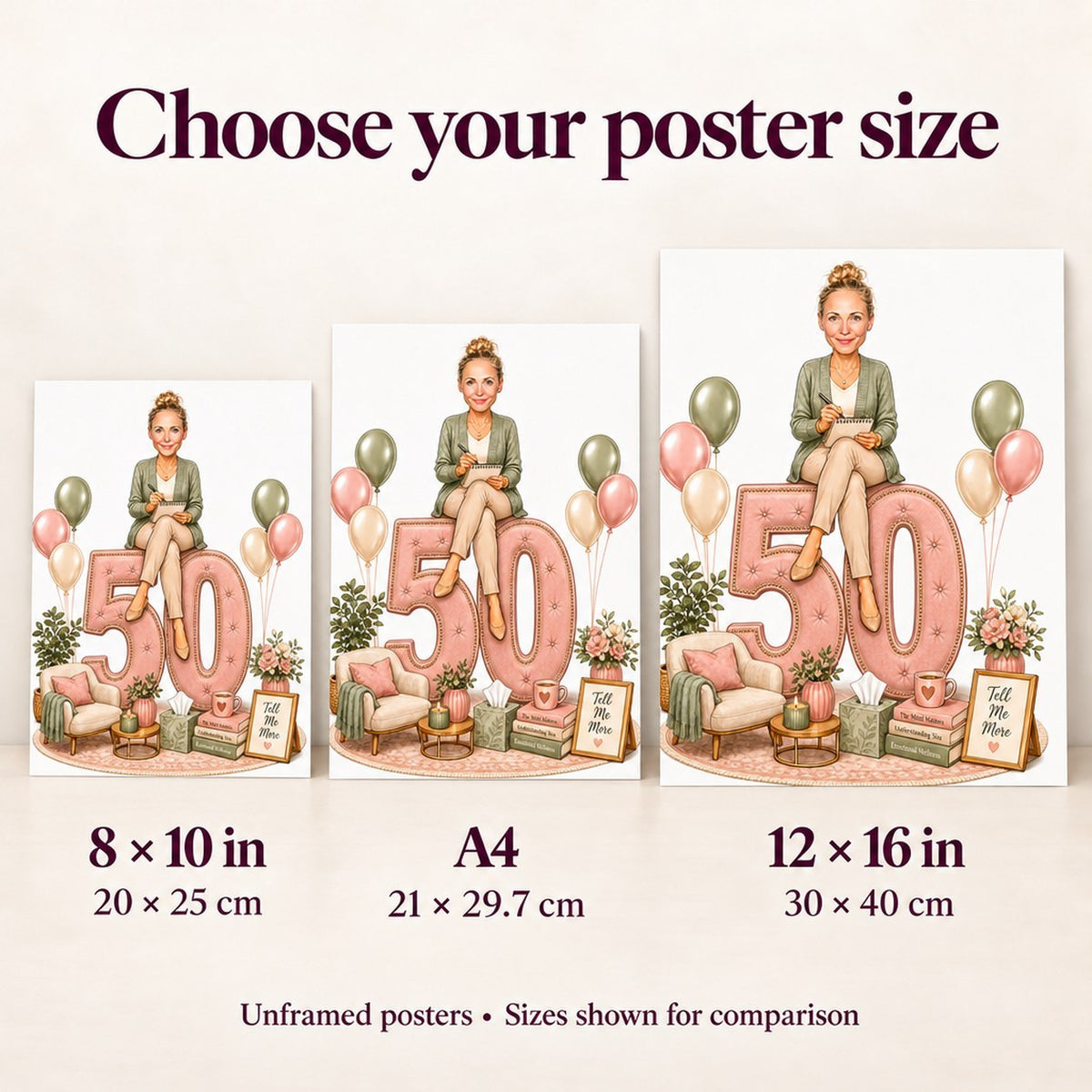 Poster sizes 8x10, A4, and 12x16 compared side by side for scale.