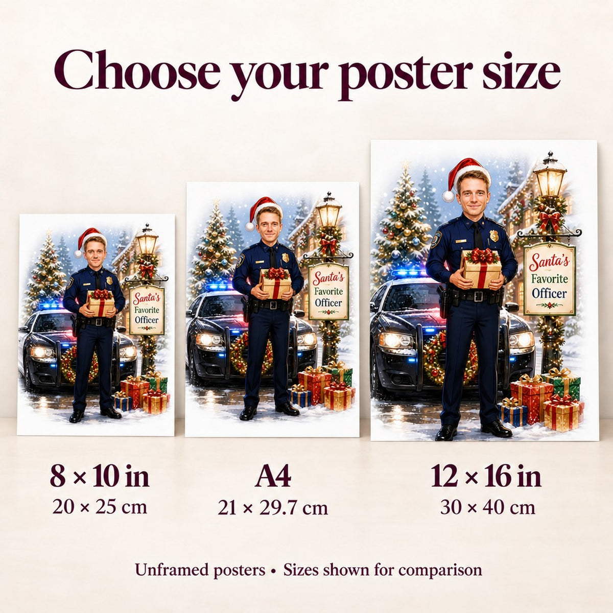 Person holding 8x10 and 12x16 posters next to A4 sheet for scale