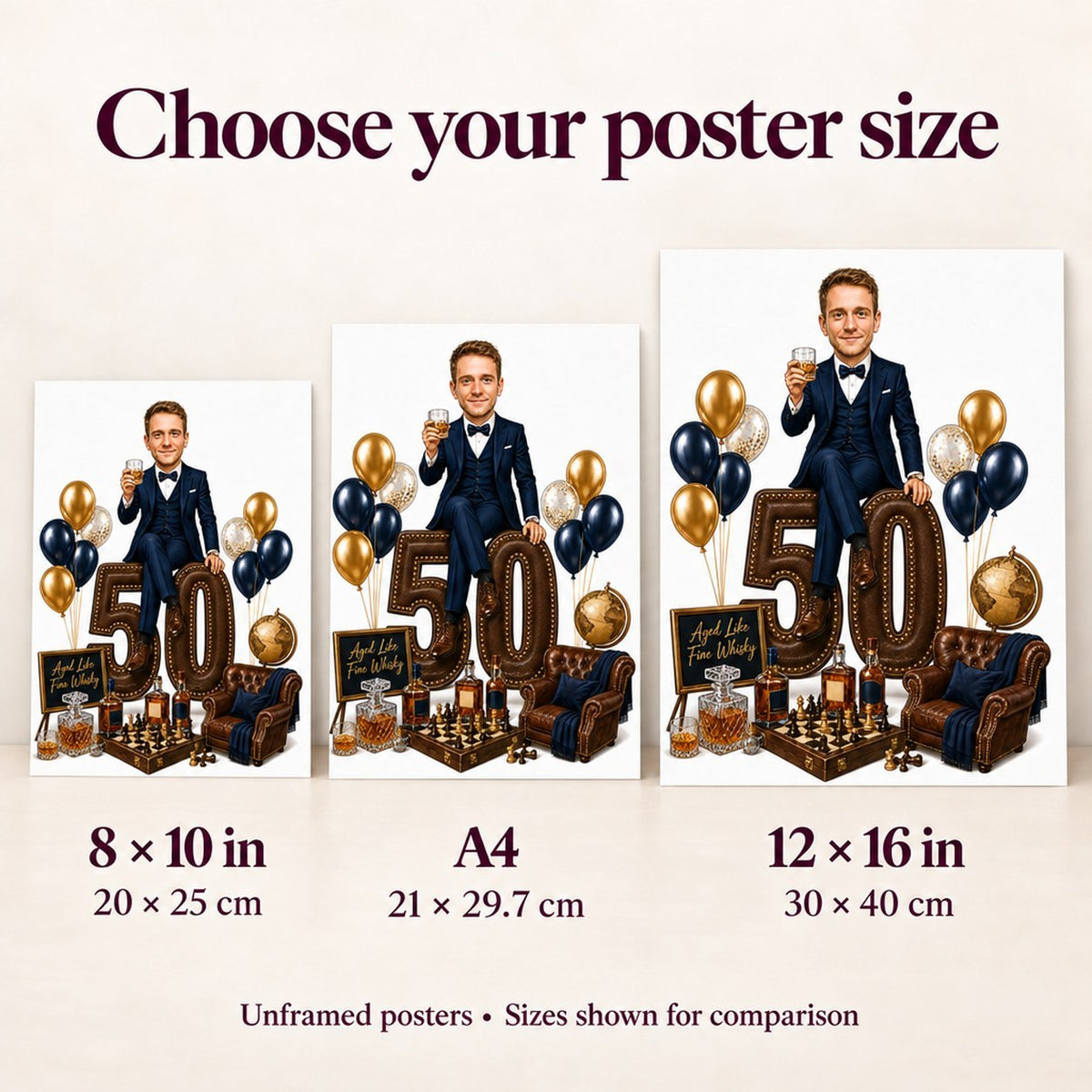 Poster size comparison showing 8x10, A4, and 12x16 gentleman birthday caricature artwork.