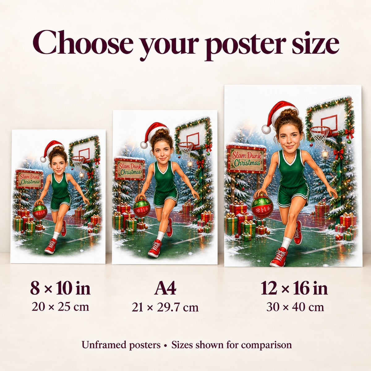 Poster sizes 8x10, A4, and 12x16 compared on a living room wall.