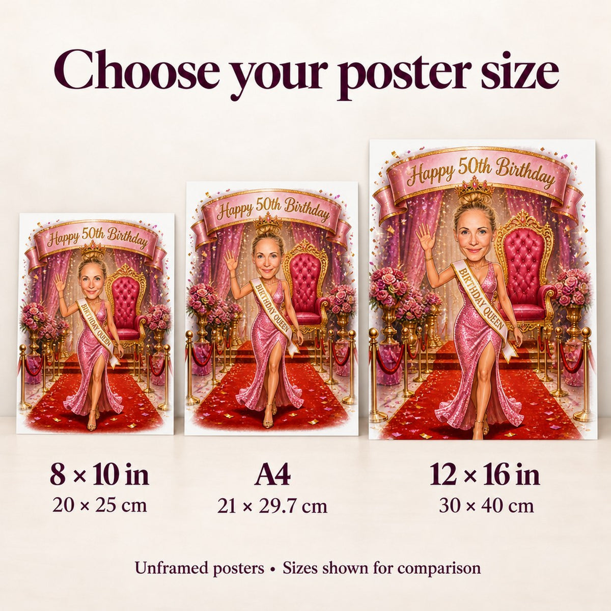 Poster sizes 8x10, A4, and 12x16 compared on a wall for scale.