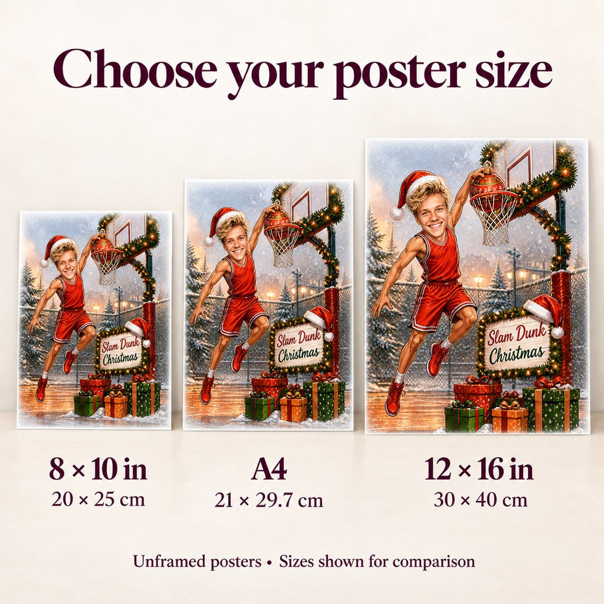 Poster size comparison of 8x10, A4, and 12x16 basketball Christmas caricature.