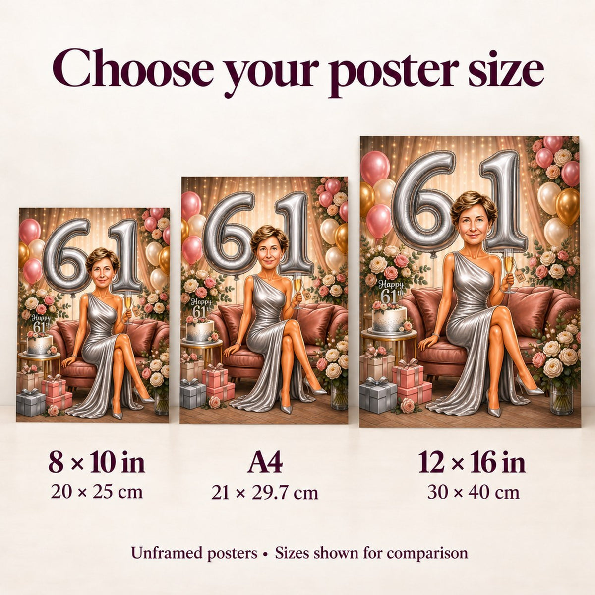 Poster size comparison showing 8x10, A4, and 12x16 inch options.