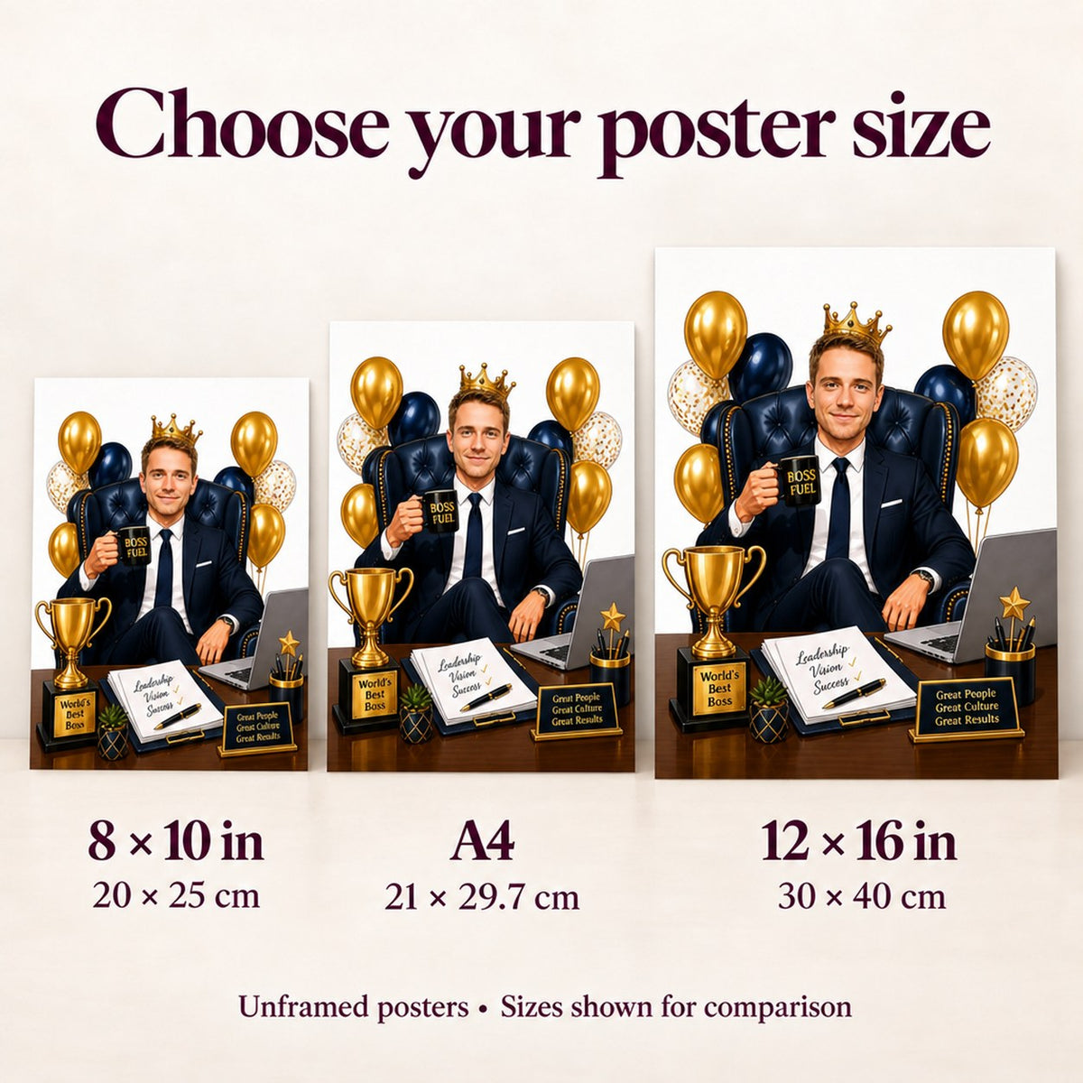 8x10, A4 and 12x16 matte posters shown for clear size comparison.