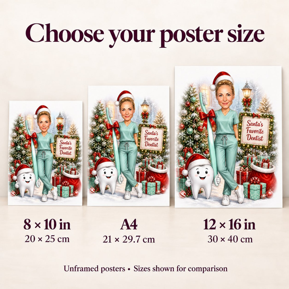 Compare poster sizes: 8x10, A4, and 12x16 inches displayed on wall.