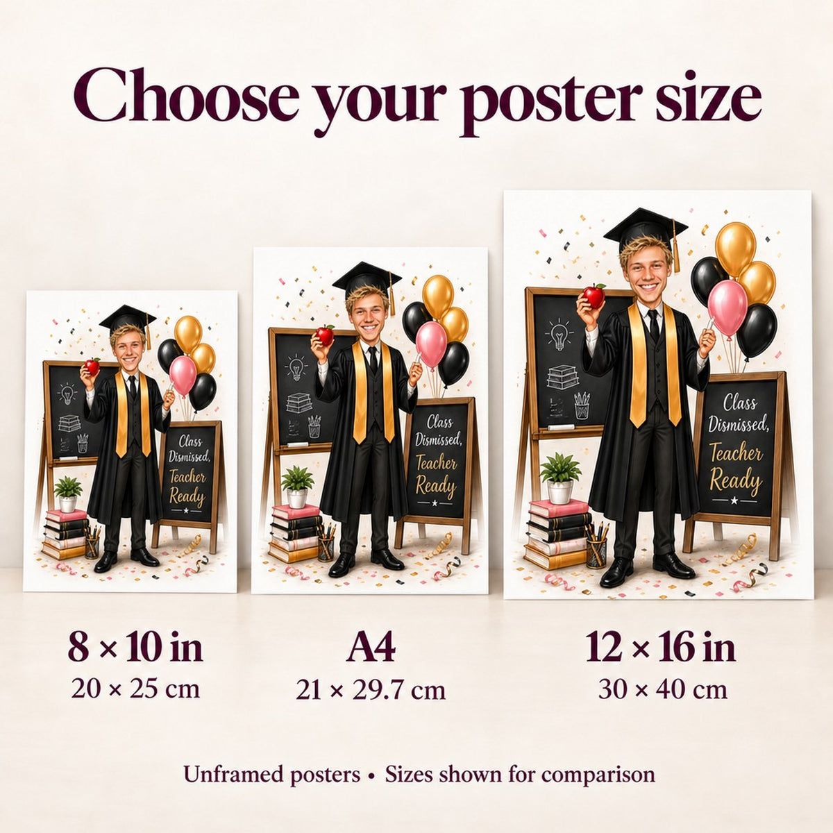 Poster size comparison showing 8x10, A4, and 12x16 teacher graduation caricature prints