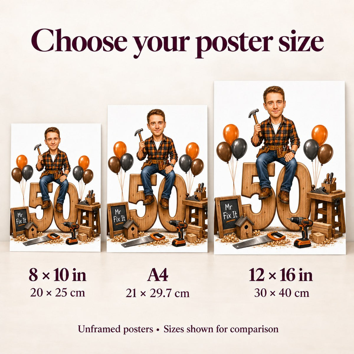 Poster sizes 8x10, A4, and 12x16 shown side by side.