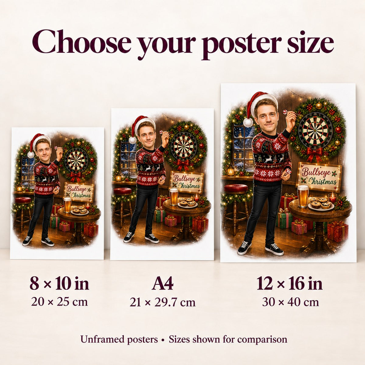 Posters shown side by side in 8x10, A4, and 12x16 sizes for scale.