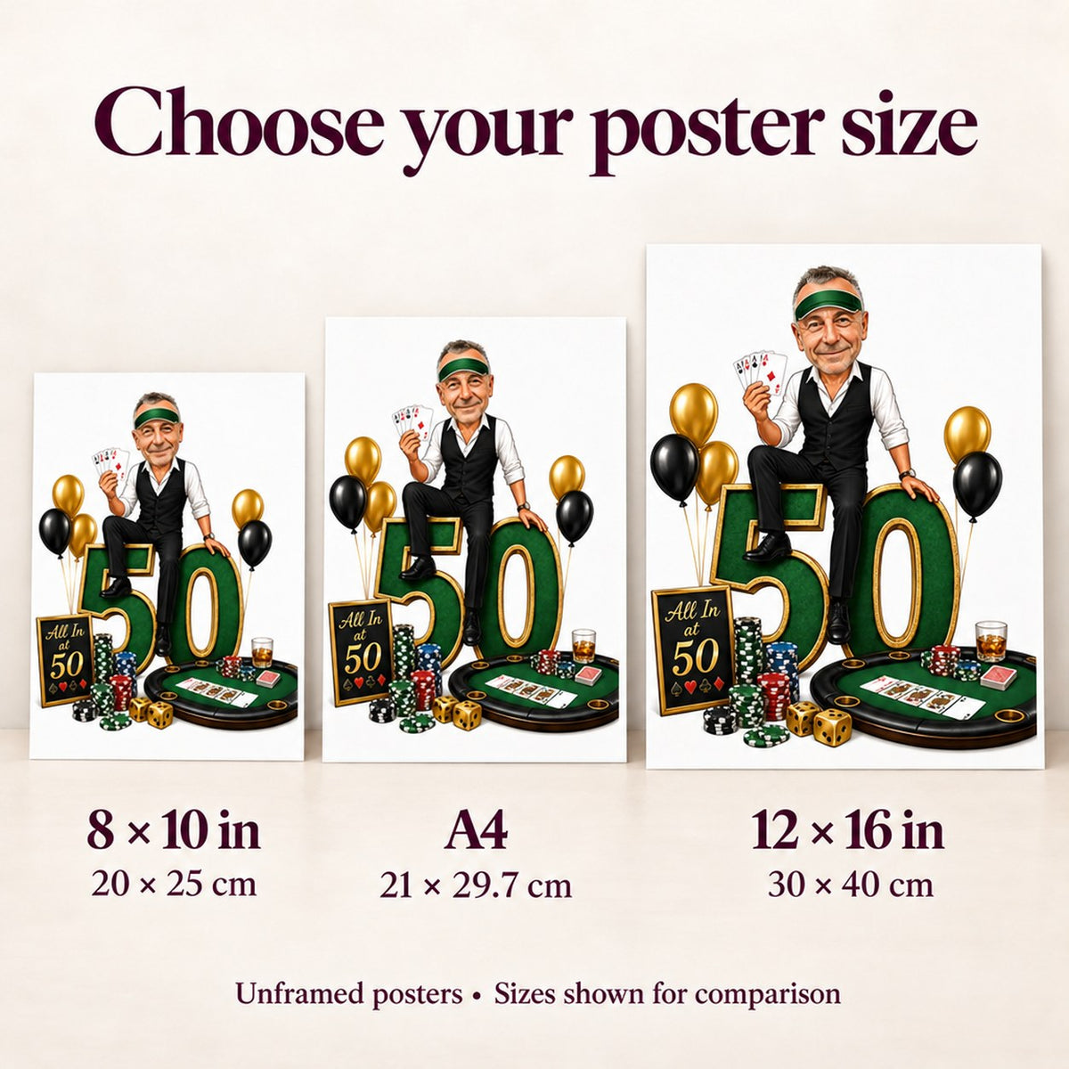 8x10, A4 and 12x16 matte posters shown side by side on wall.