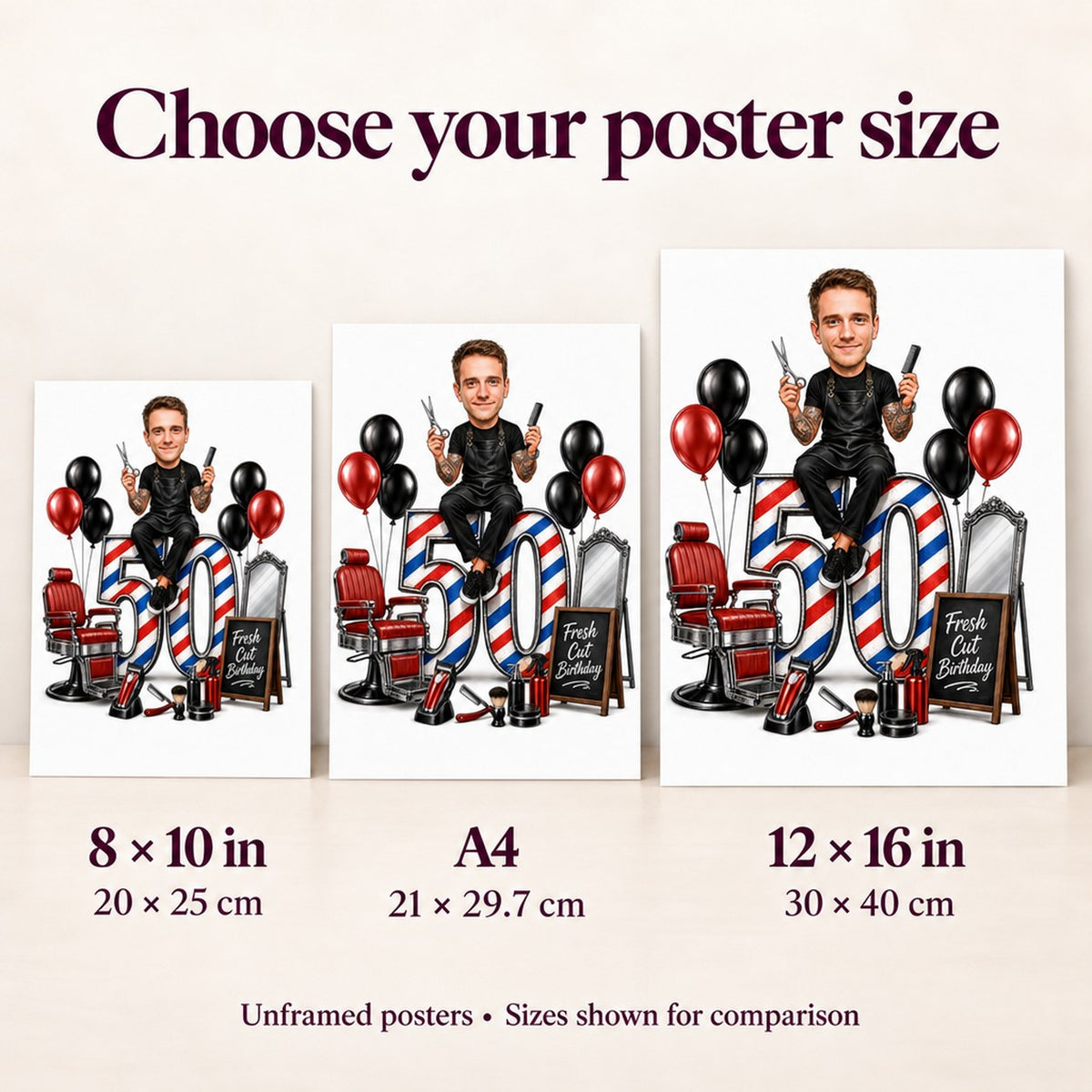 Poster sizes 8x10, A4, 12x16 compared to person for scale