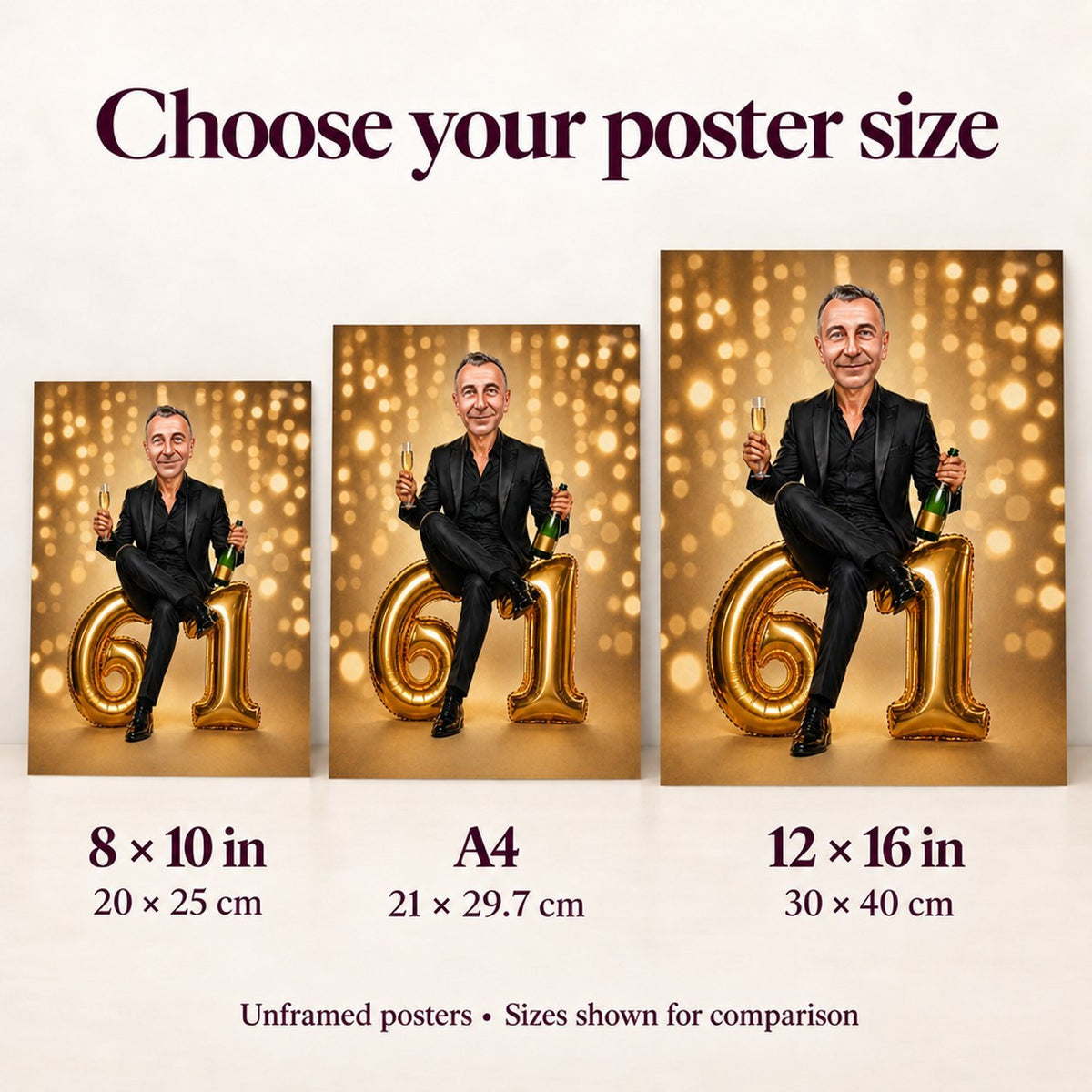 Poster size comparison of 8x10, A4, and 12x16 held by person.
