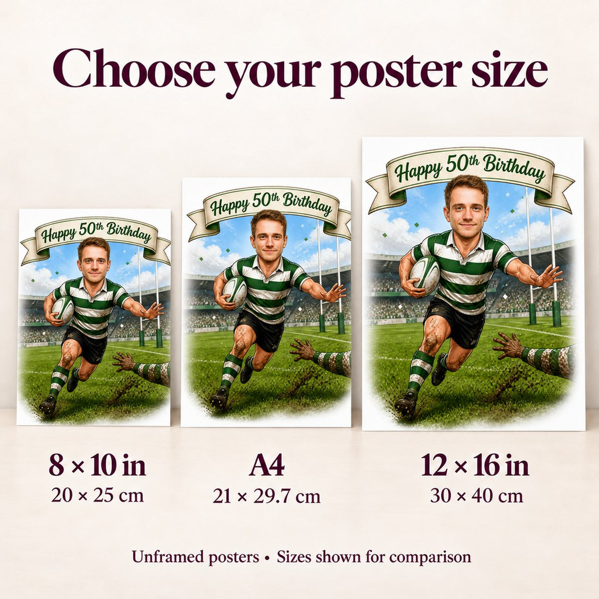 Poster size comparison: 8x10, A4, and 12x16 displayed on wall.
