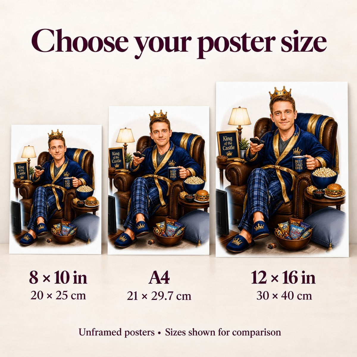 Poster size comparison showing 8x10, A4, and 12x16 caricature prints on a wall.