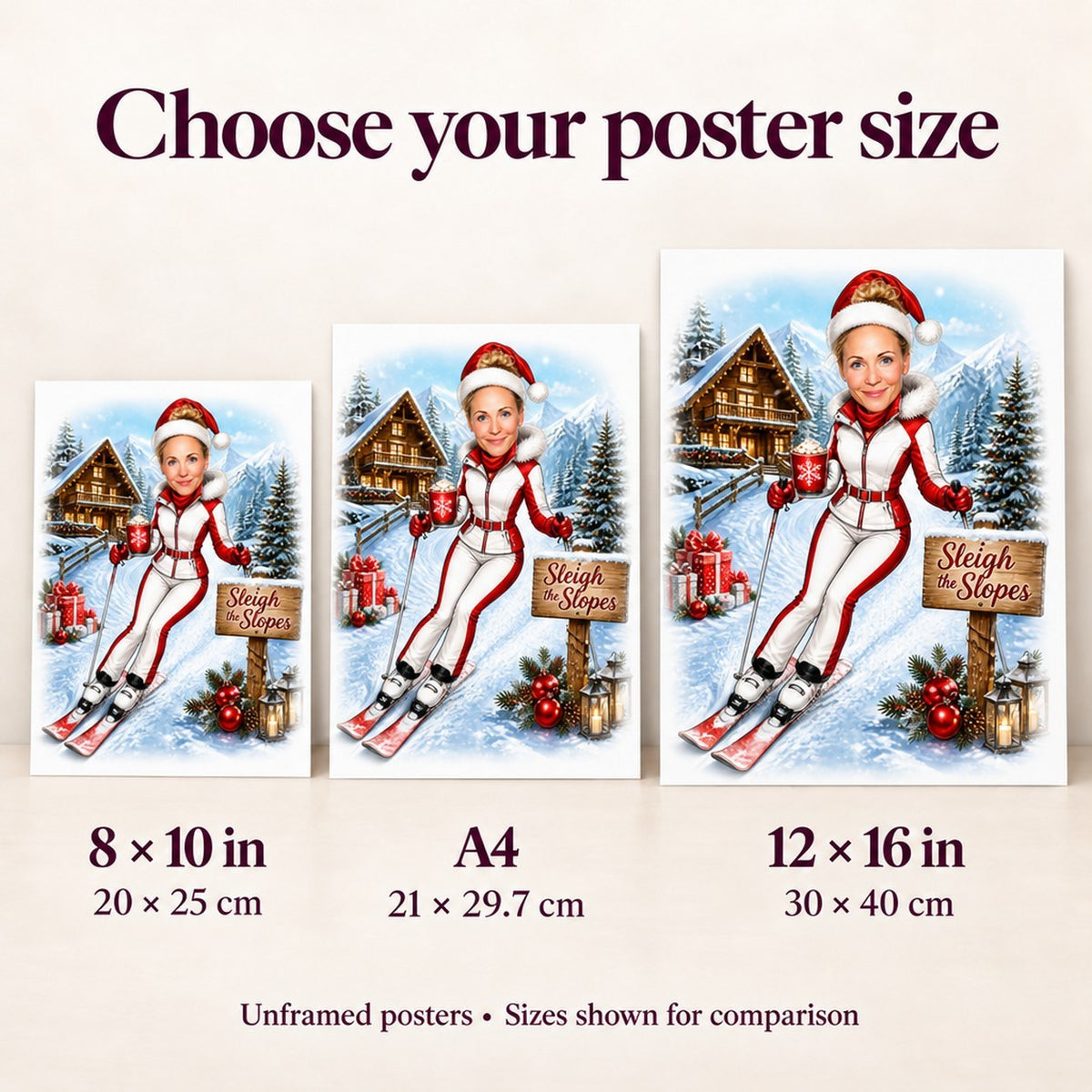 Poster sizes 8x10, A4, 12x16 shown side by side against wall.