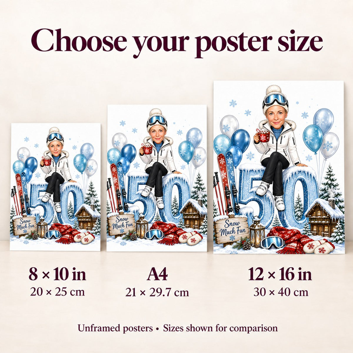Poster size comparison showing 8x10, A4, and 12x16 unframed on a wall.