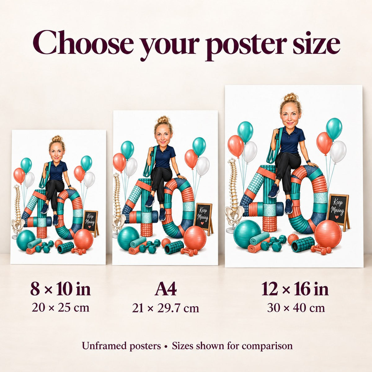 Poster size guide comparing 8x10, A4, and 12x16 prints beside a person.