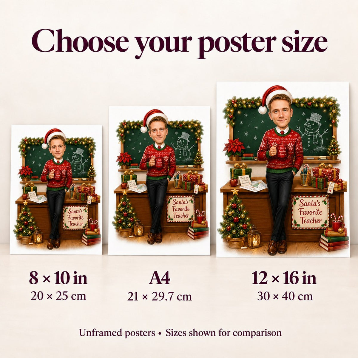 Poster size comparison of 8x10, A4, and 12x16 displayed against a wall.