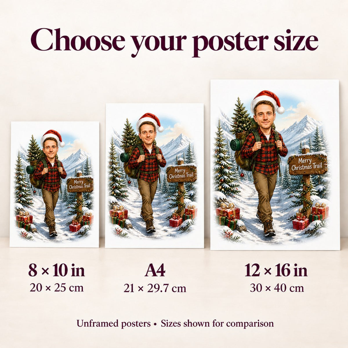 Comparison of 8x10, A4, and 12x16 matte poster sizes displayed on wall.