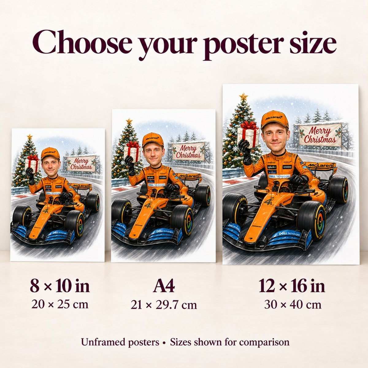 Person holding 8x10 and 12x16 matte posters to compare artwork print sizes on wall.