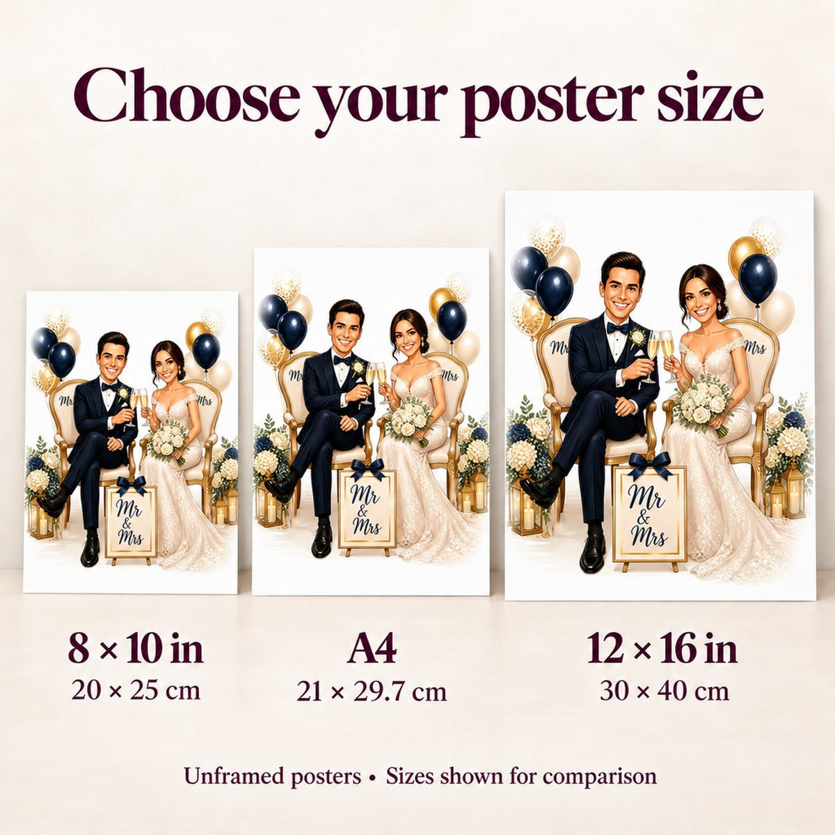 Posters in 8x10, A4, and 12x16 shown side by side for scale.