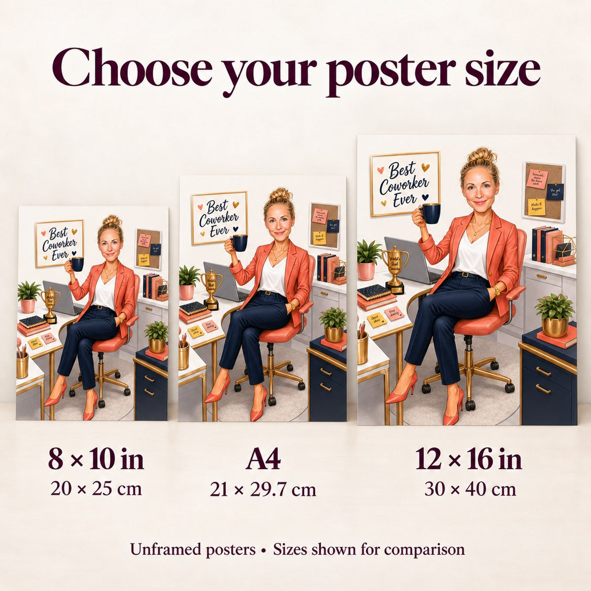 Matte poster size comparison showing 8x10, A4, and 12x16 office caricature prints.