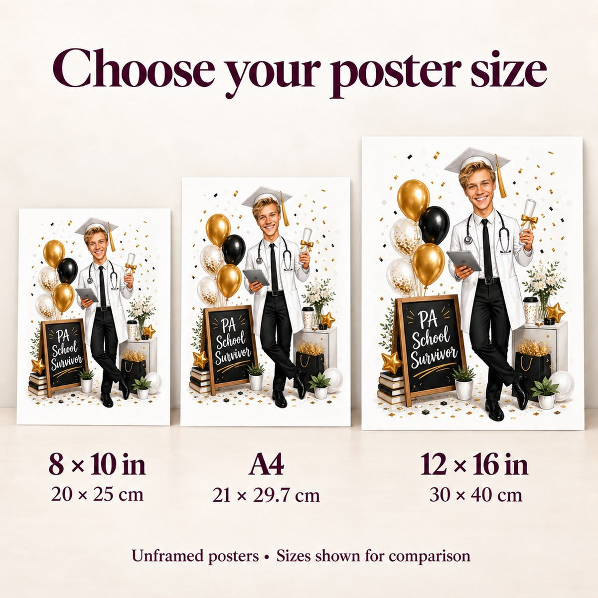 Poster size guide comparing 8x10, A4, and 12x16 PA graduation art.