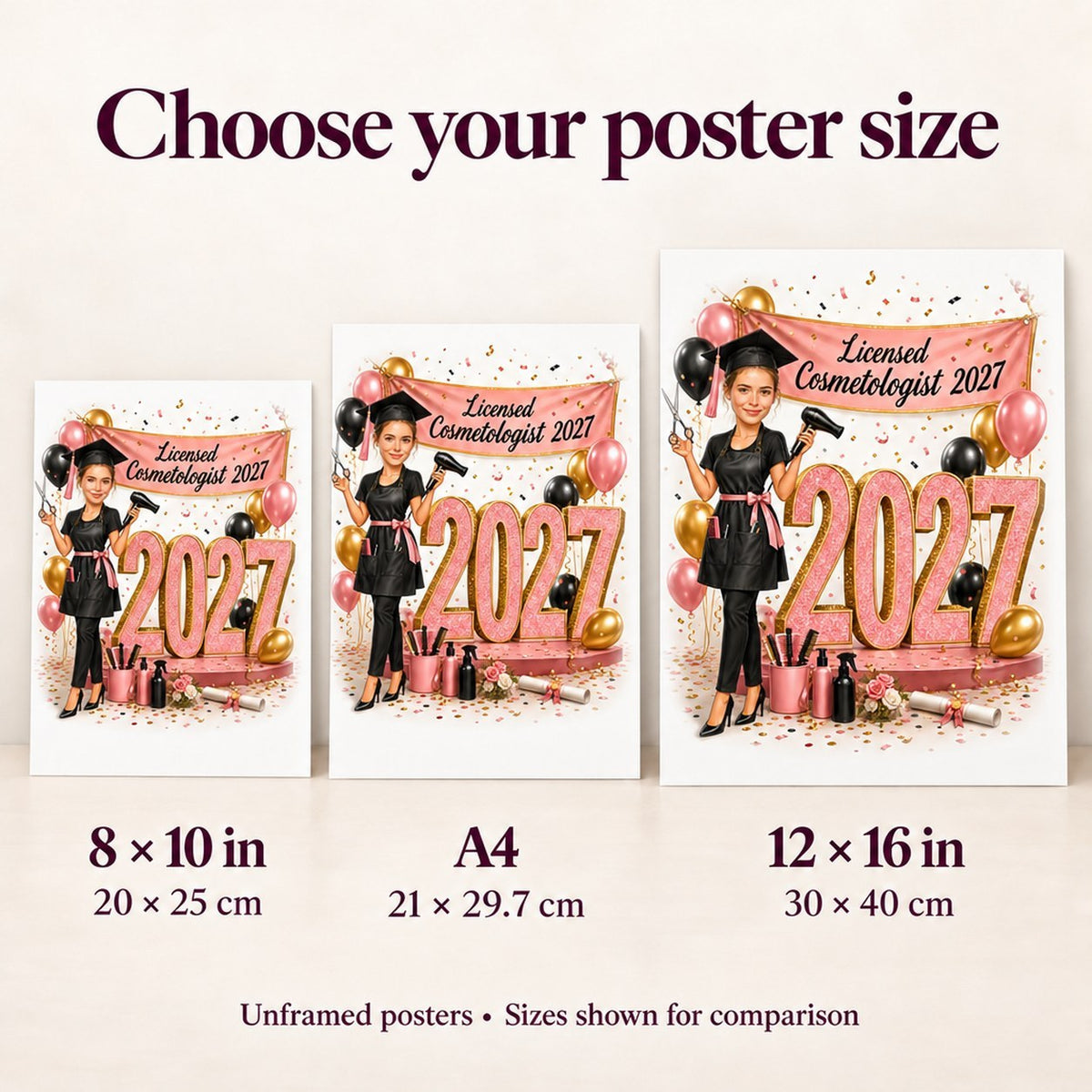 Poster size comparison: 8x10, A4 and 12x16 cosmetology graduation caricature artwork