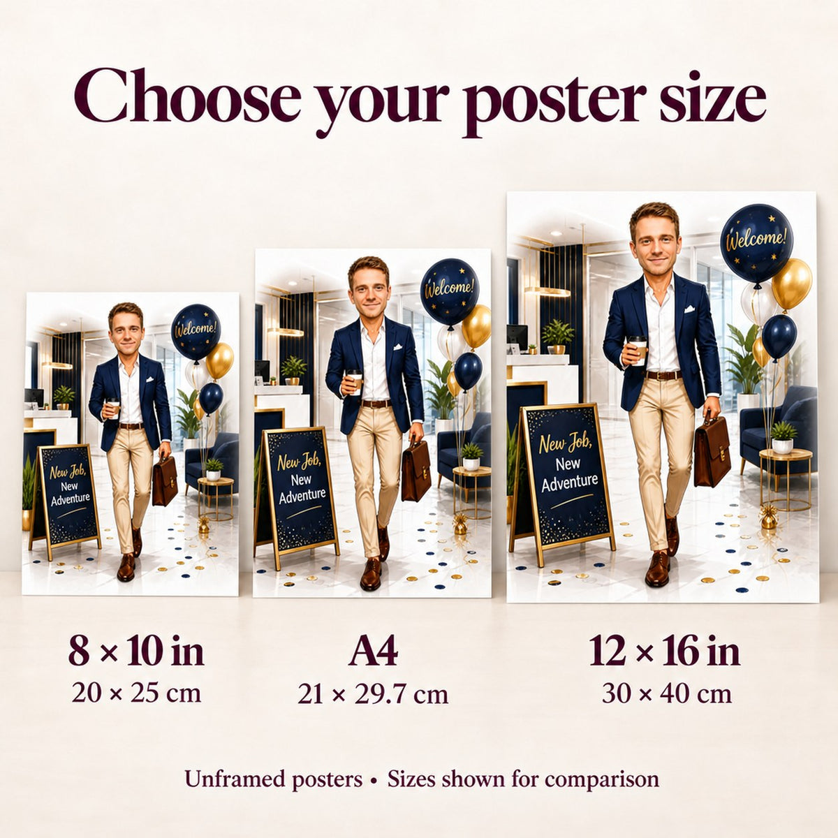 Poster sizes 8x10, A4, and 12x16 shown side by side.