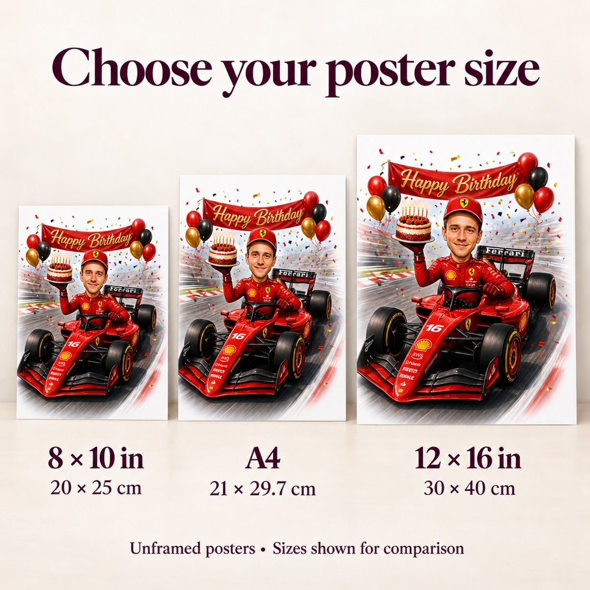 Poster size comparison in 8x10, A4 and 12x16 inches against wall.