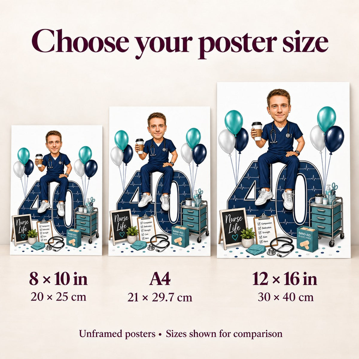 Poster size comparison showing 8x10, A4, and 12x16 against a wall.