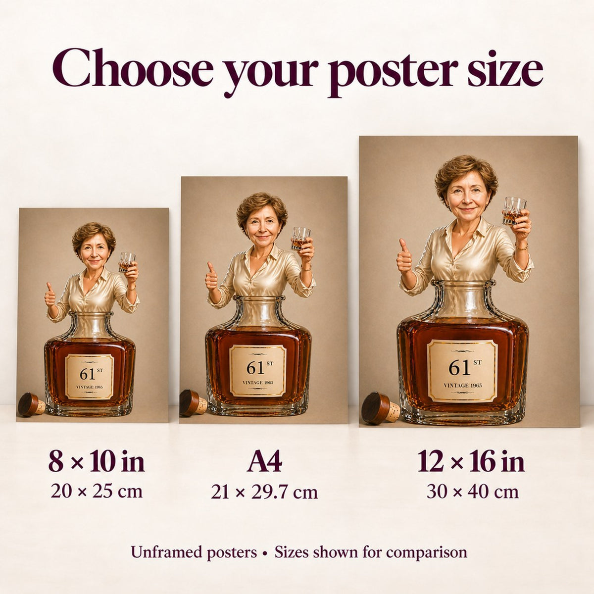 Size comparison of 8x10, A4, and 12x16 posters held by person