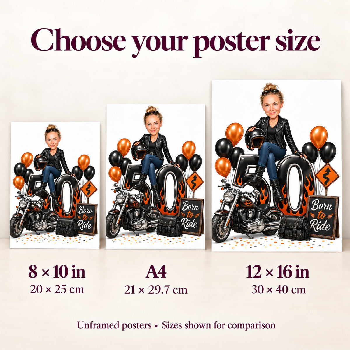Poster size comparison showing 8x10, A4, and 12x16 inch options.