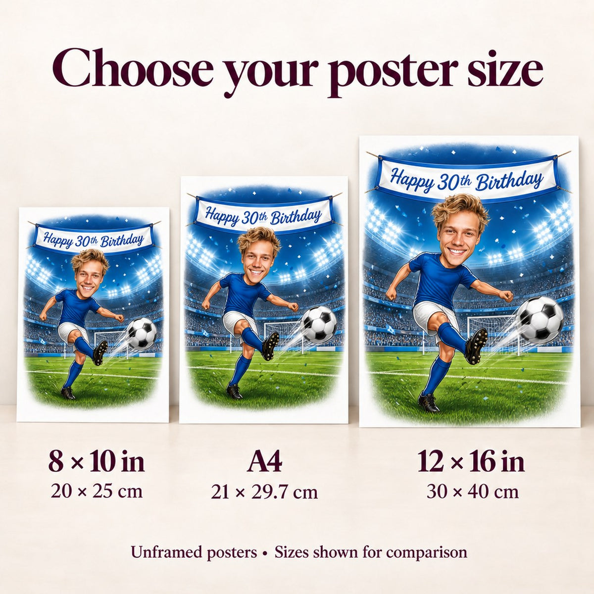 Matte posters 8x10, A4, and 12x16 inch sizes compared.