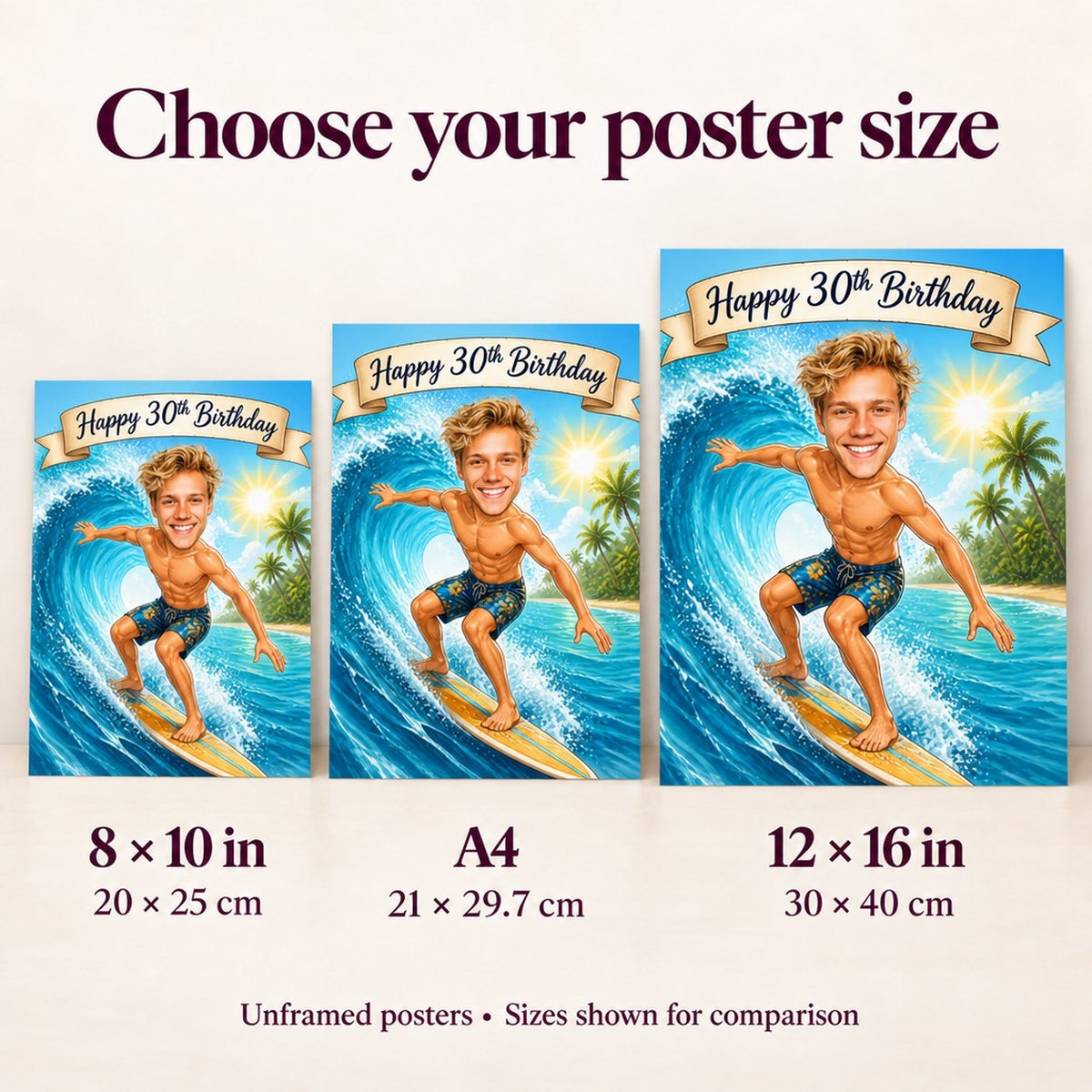 Matte posters 8x10, A4, and 12x16 inches shown side by side