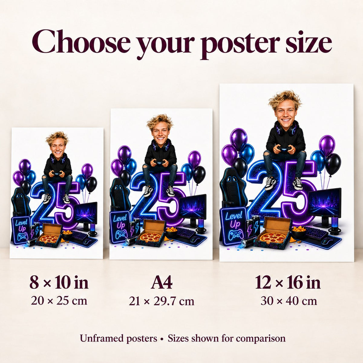 Poster size comparison of 8x10, A4, and 12x16 gamer birthday prints.