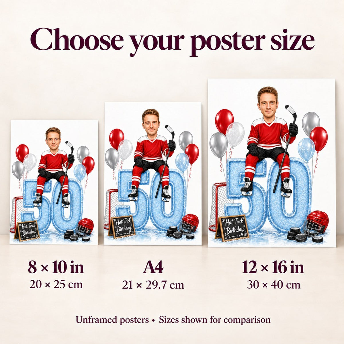 8x10, A4, and 12x16 posters shown side by side for scale.