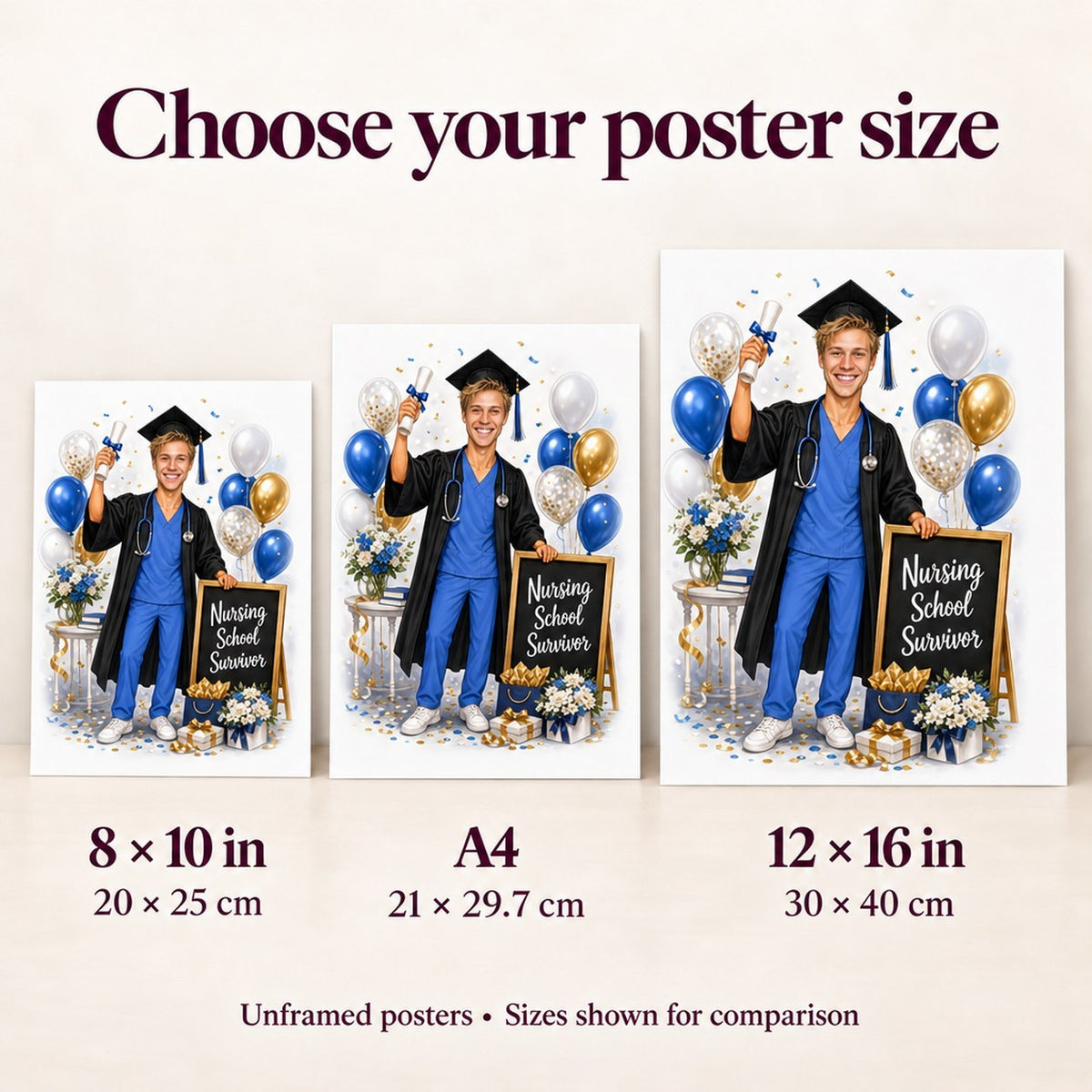 Unframed poster size comparison showing 8x10, A4, and 12x16 inches.
