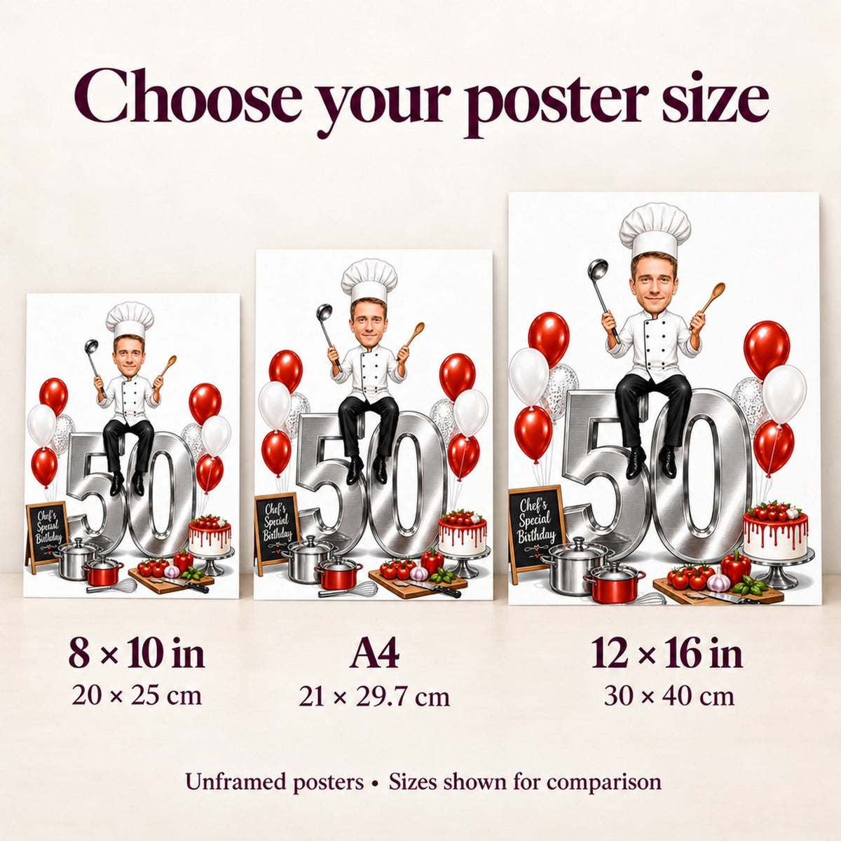 Poster shown in 8x10, A4, and 12x16 sizes beside ruler for scale.