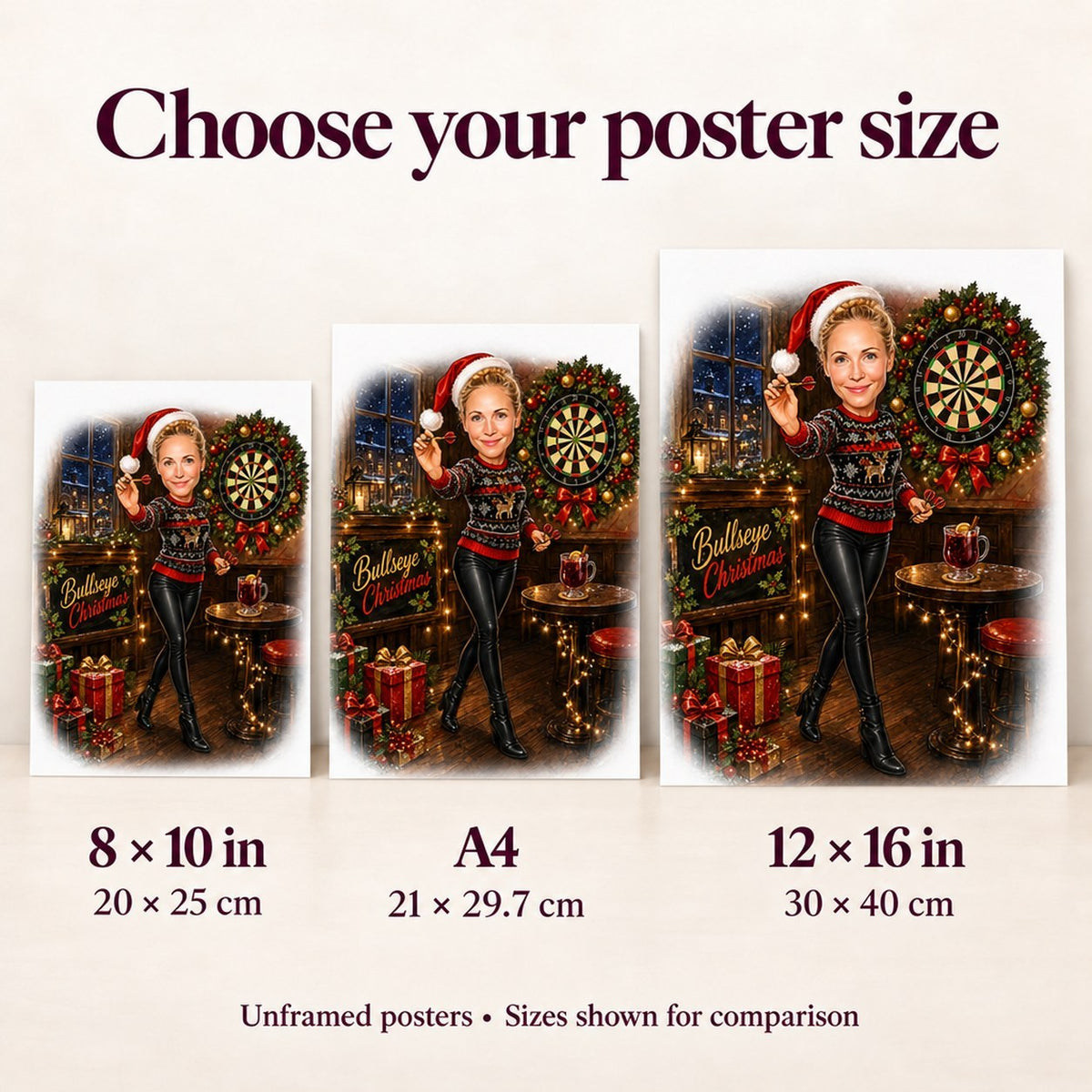 Poster size comparison showing 8x10 and 12x16 options for darts Christmas artwork.