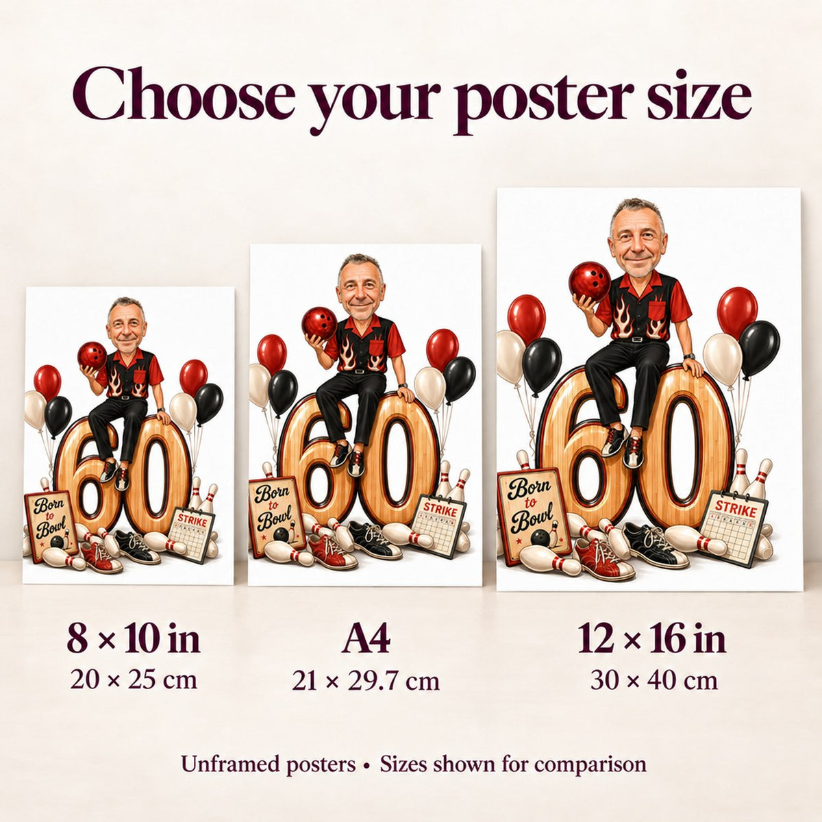Poster size options shown: 8x10 inch, A4, and 12x16 inch side by side.
