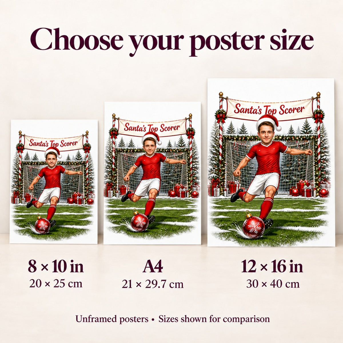 Poster sizes 8x10, A4, and 12x16 compared side by side for scale.