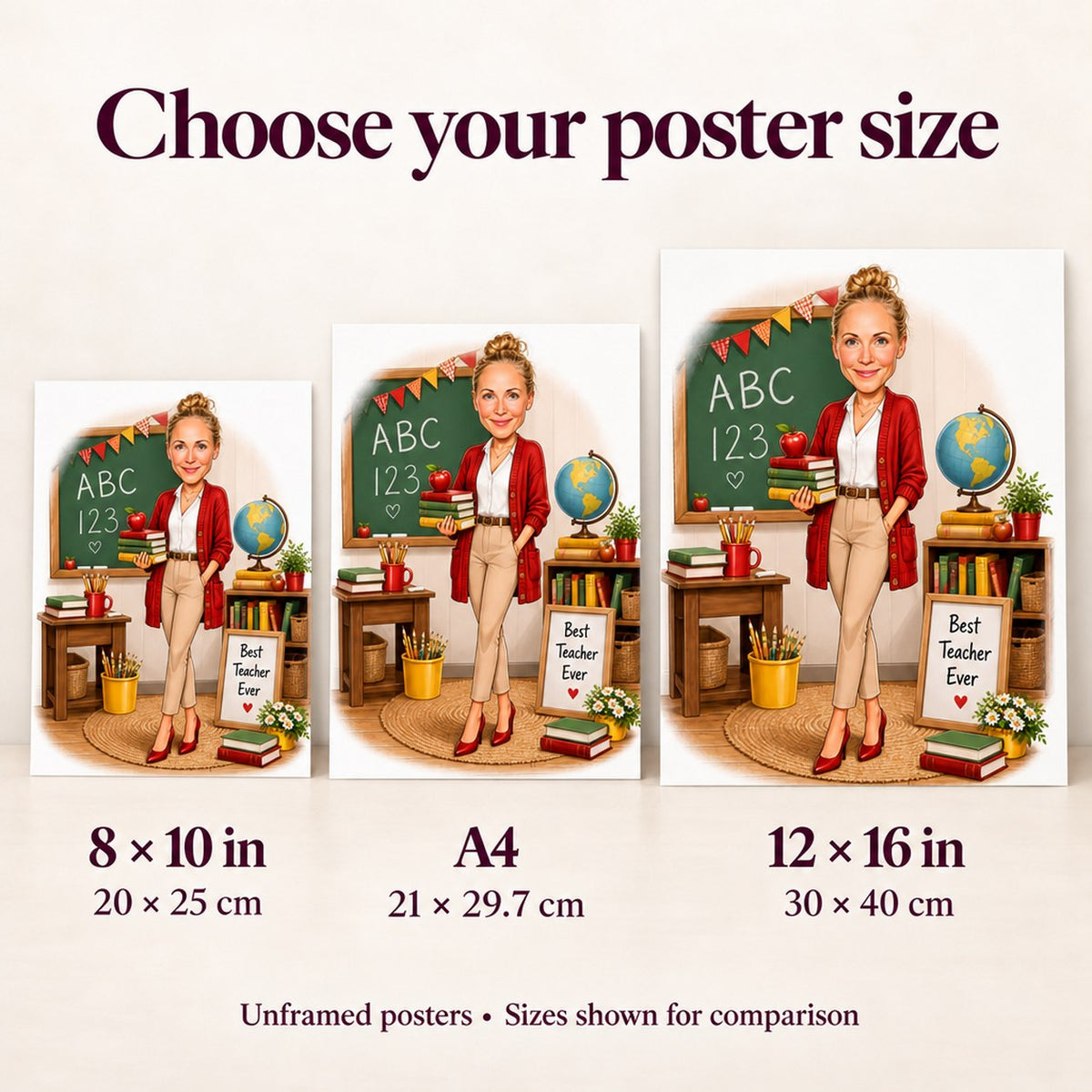 Poster size comparison showing 8x10, A4, and 12x16 teacher cartoon prints.
