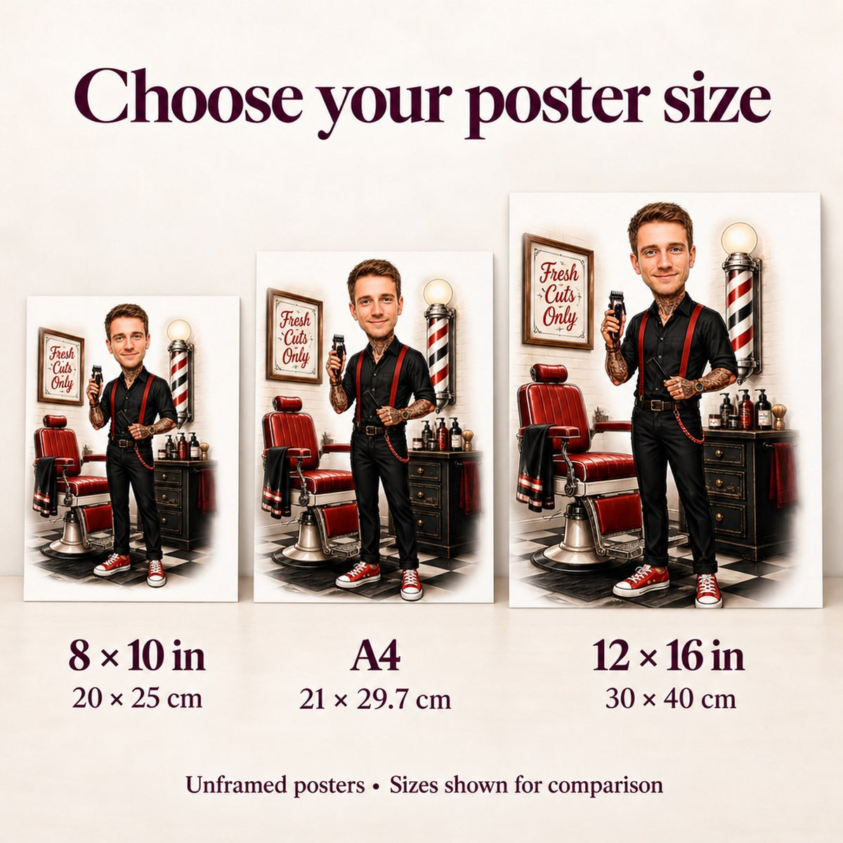 Posters in 8x10, A4 and 12x16 inches shown side by side