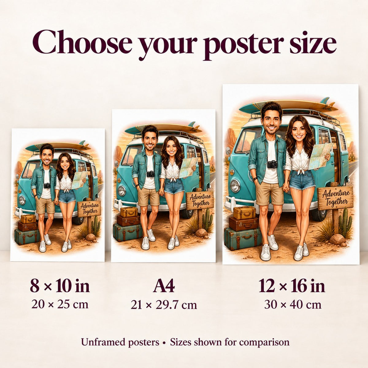 Poster size comparison in 8x10, A4, and 12x16 inches on a wall.