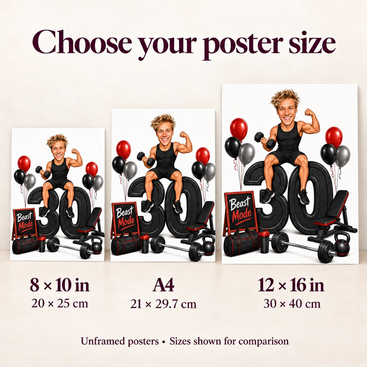 Poster sizes 8x10, A4, and 12x16 beside frame and ruler comparison.