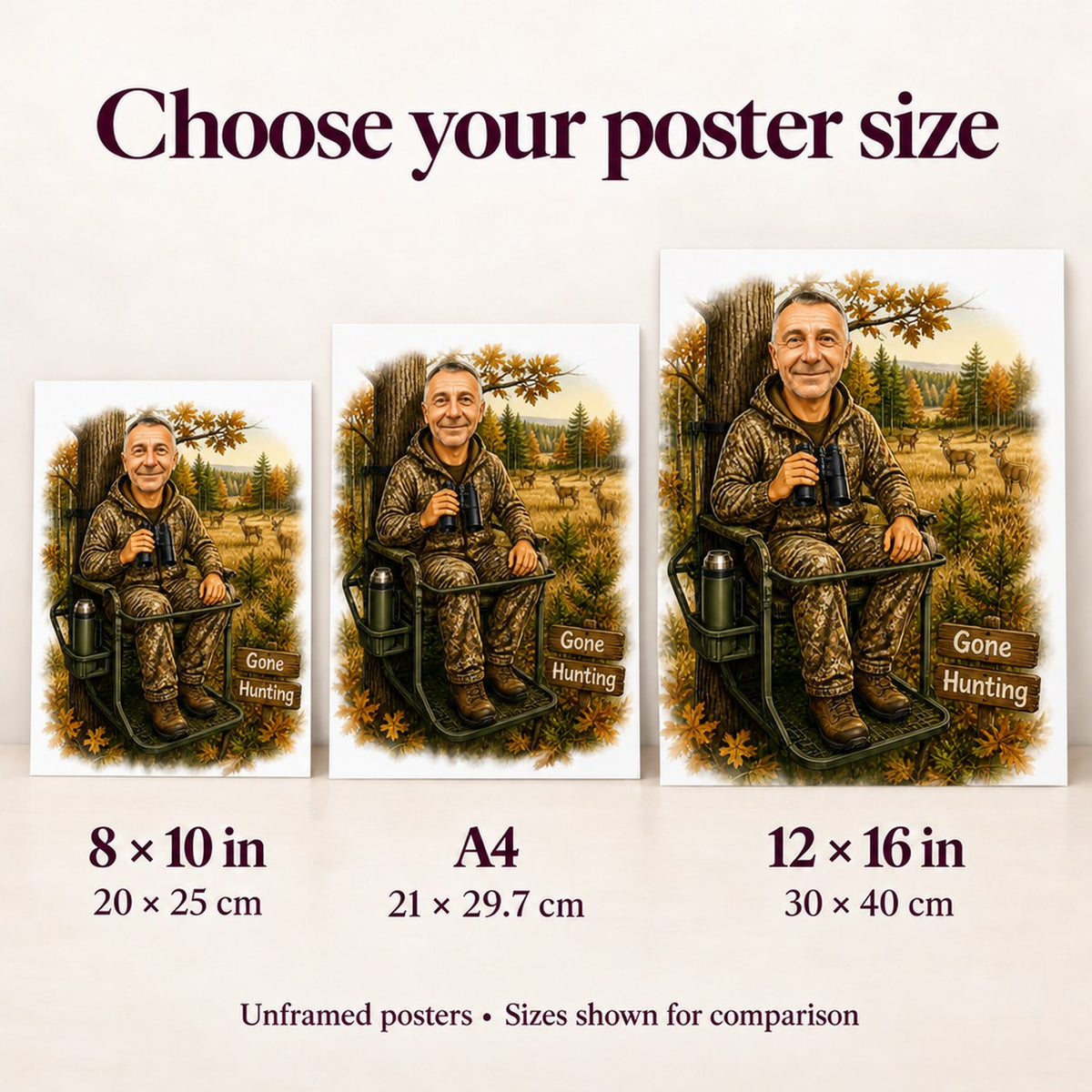 8x10, A4, and 12x16 poster sizes compared against sofa and desk frames.