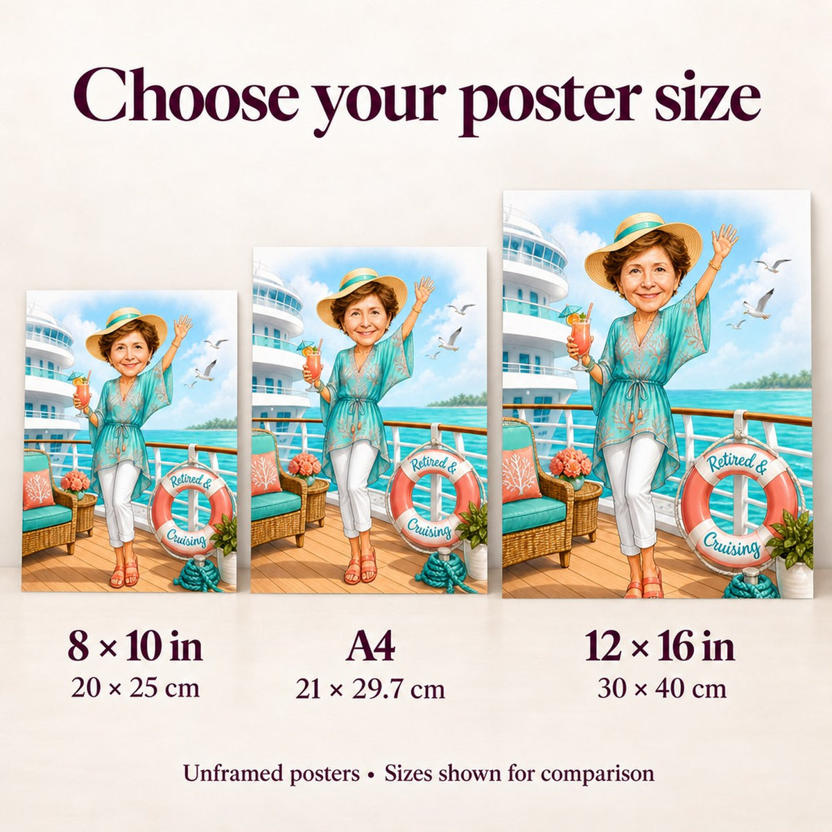 Poster size comparison showing 8x10, A4, and 12x16 inches held against a wall.