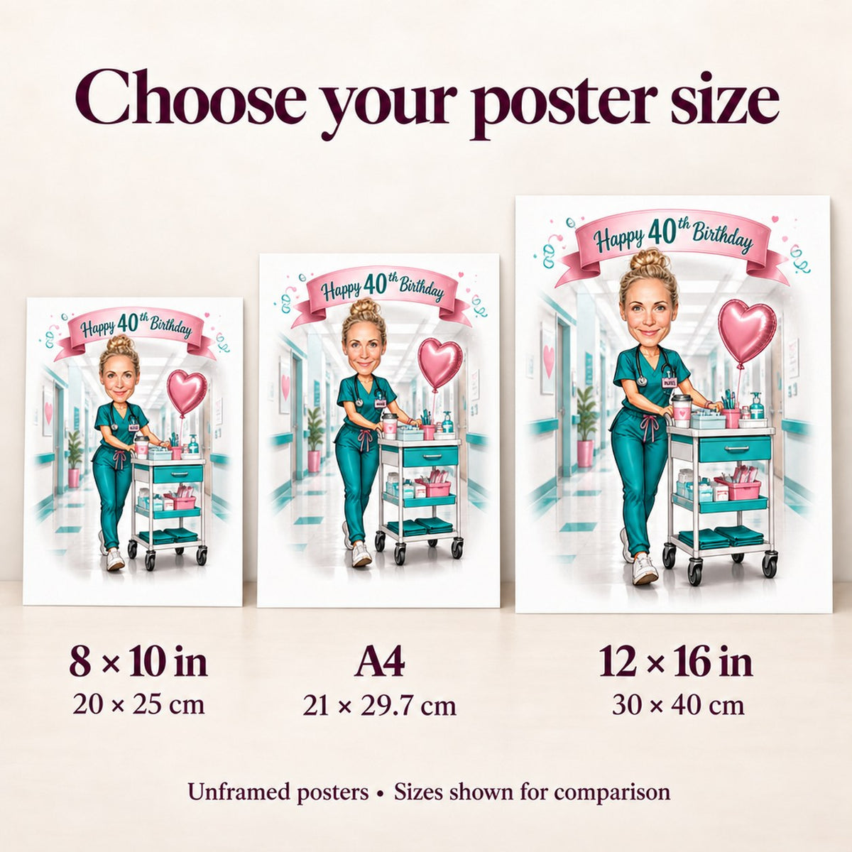Poster size comparison showing 8x10, A4, and 12x16 nurse birthday prints.
