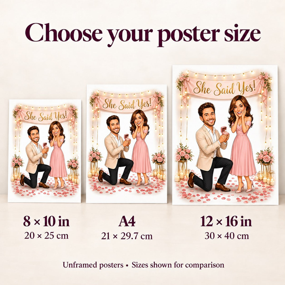 Wall display comparing 8x10, A4, and 12x16 inch poster sizes side by side.